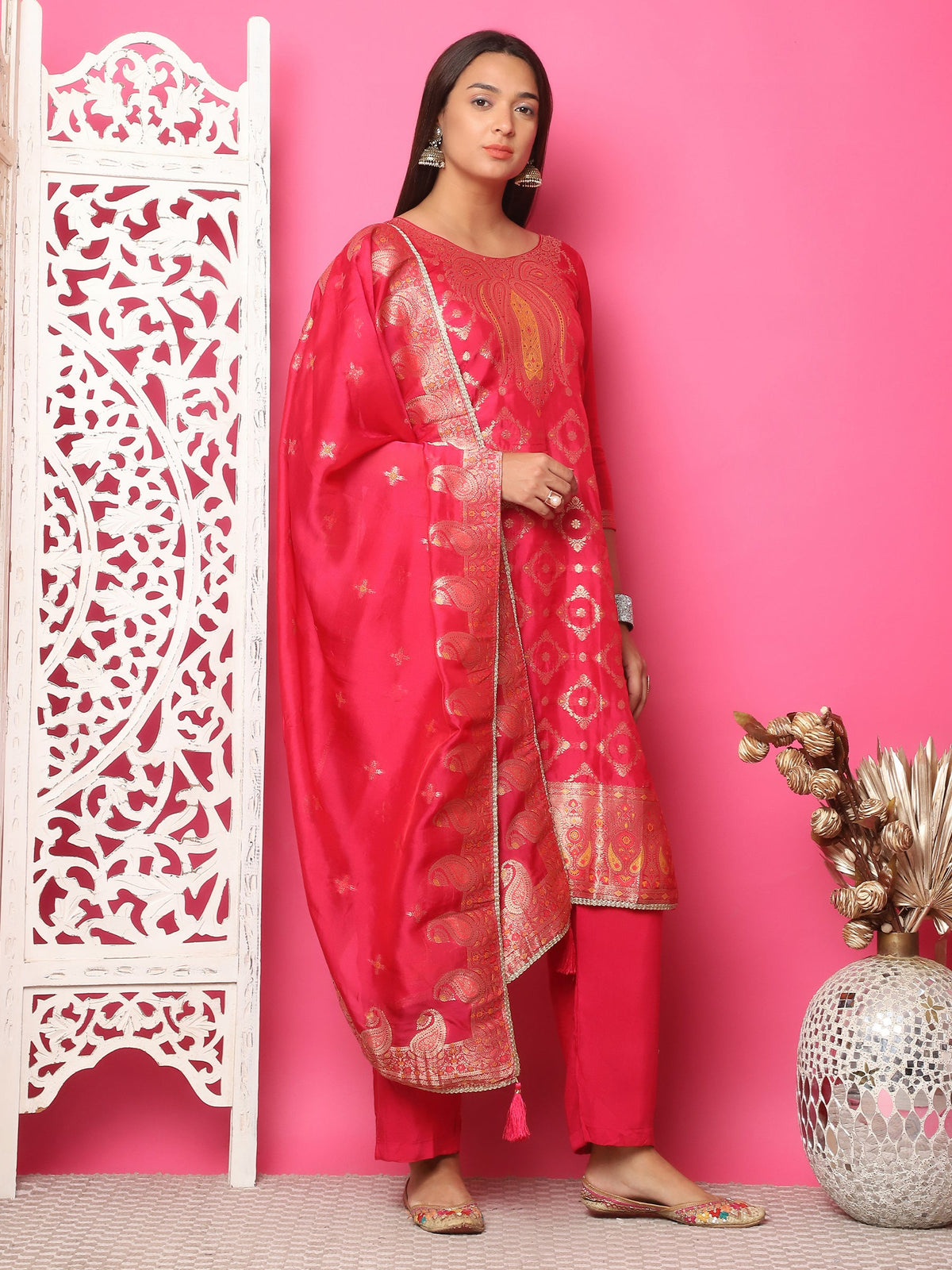 Jyoti Fashion Women's Red Silk Jacquard Woven with Zari Work Salwar Suit Set | Grocsy