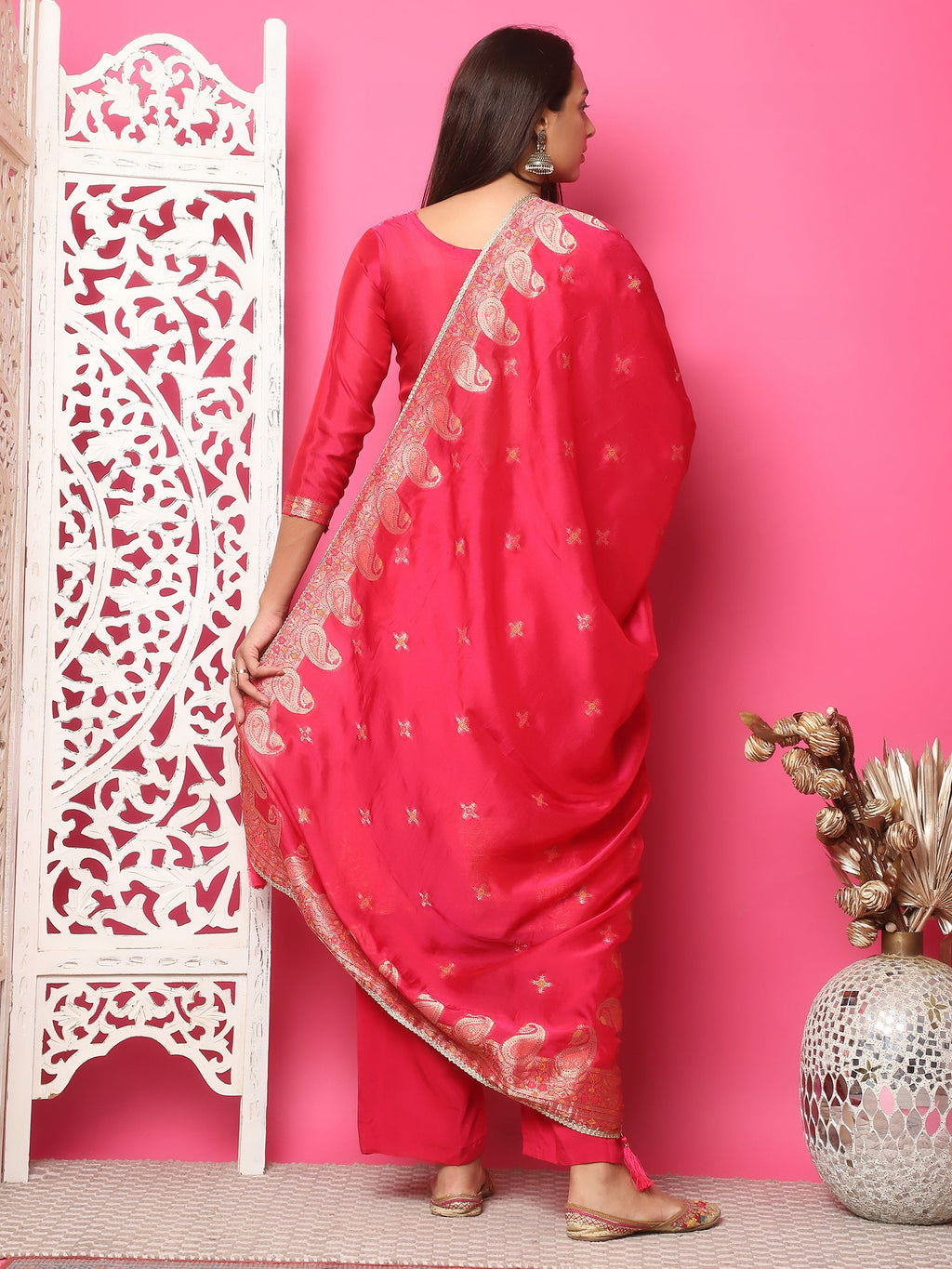 Jyoti Fashion Women's Red Silk Jacquard Woven with Zari Work Salwar Suit Set | Grocsy