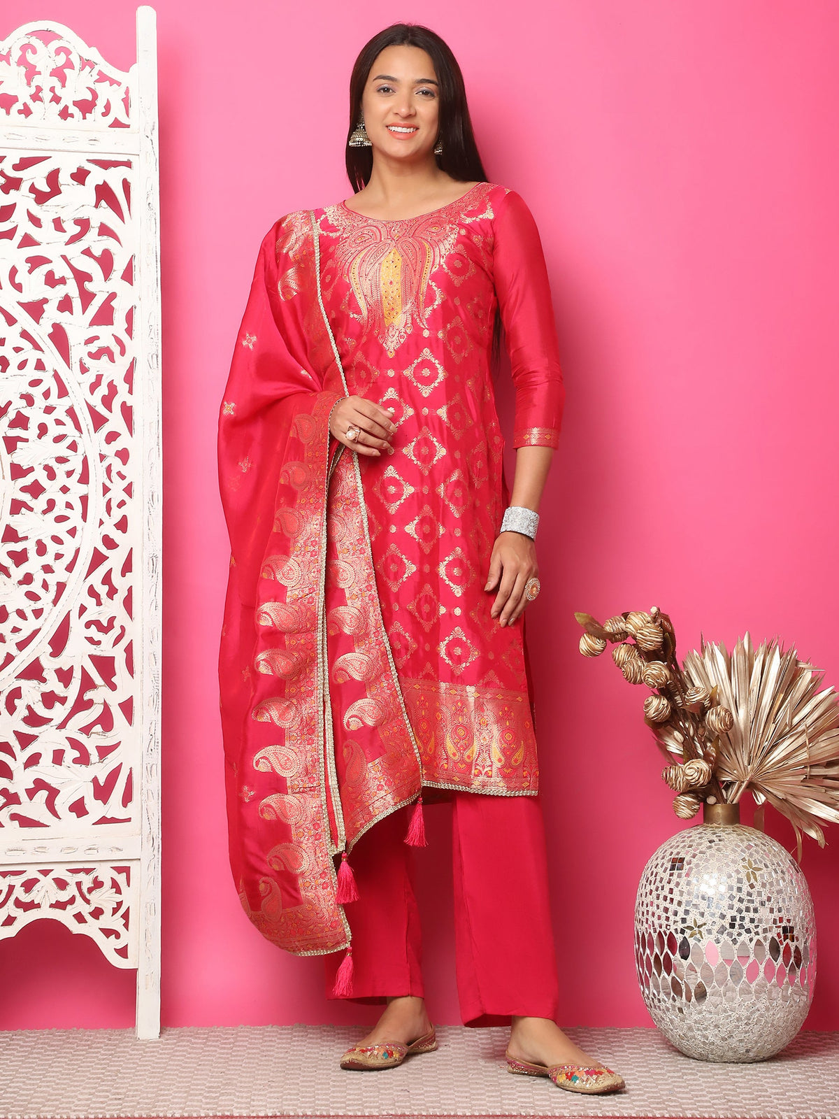 Jyoti Fashion Women's Red Silk Jacquard Woven with Zari Work Salwar Suit Set | Grocsy