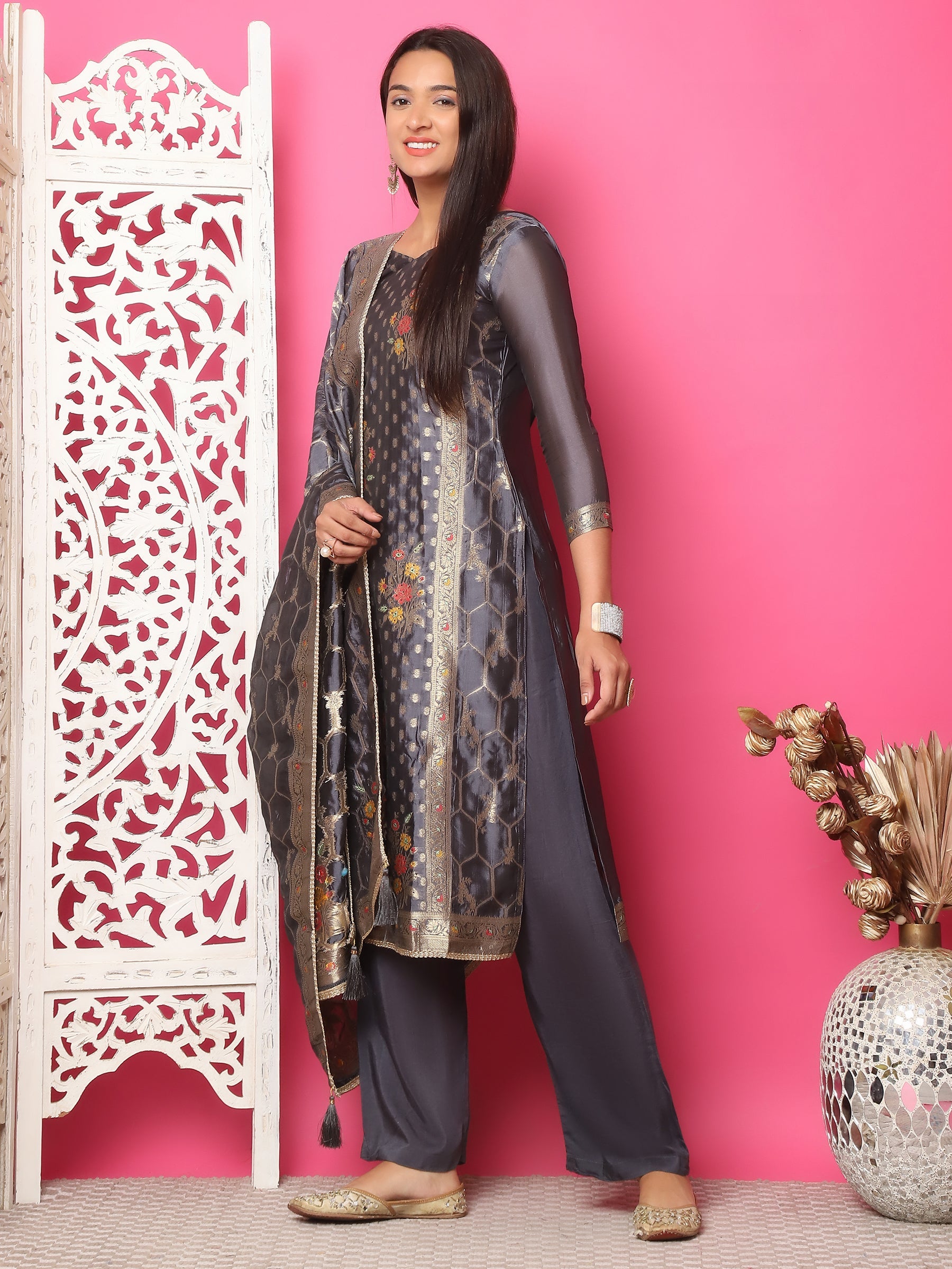 Jyoti Fashion Women's Grey Silk Jacquard Woven with Zari Work Salwar Suit Set | Grocsy