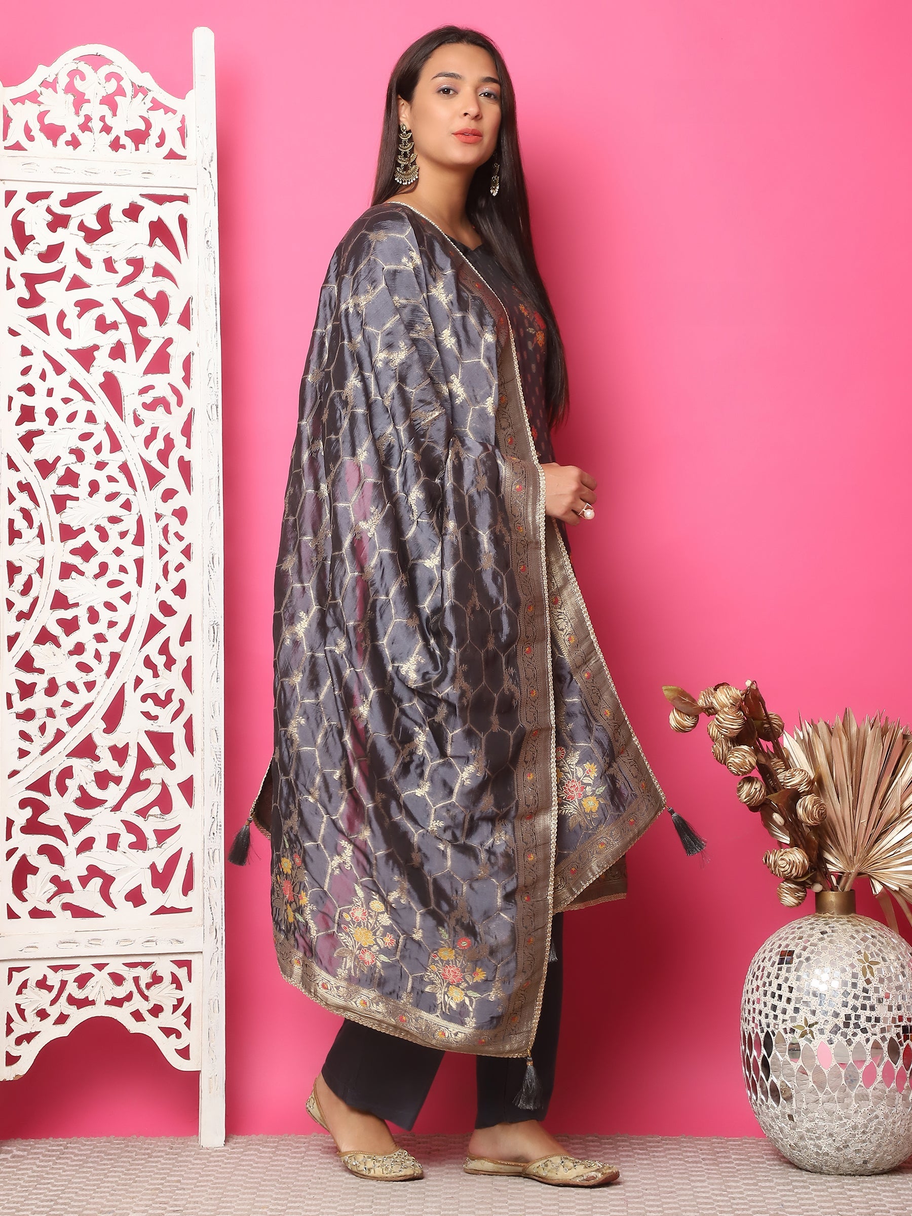 Jyoti Fashion Women's Grey Silk Jacquard Woven with Zari Work Salwar Suit Set | Grocsy