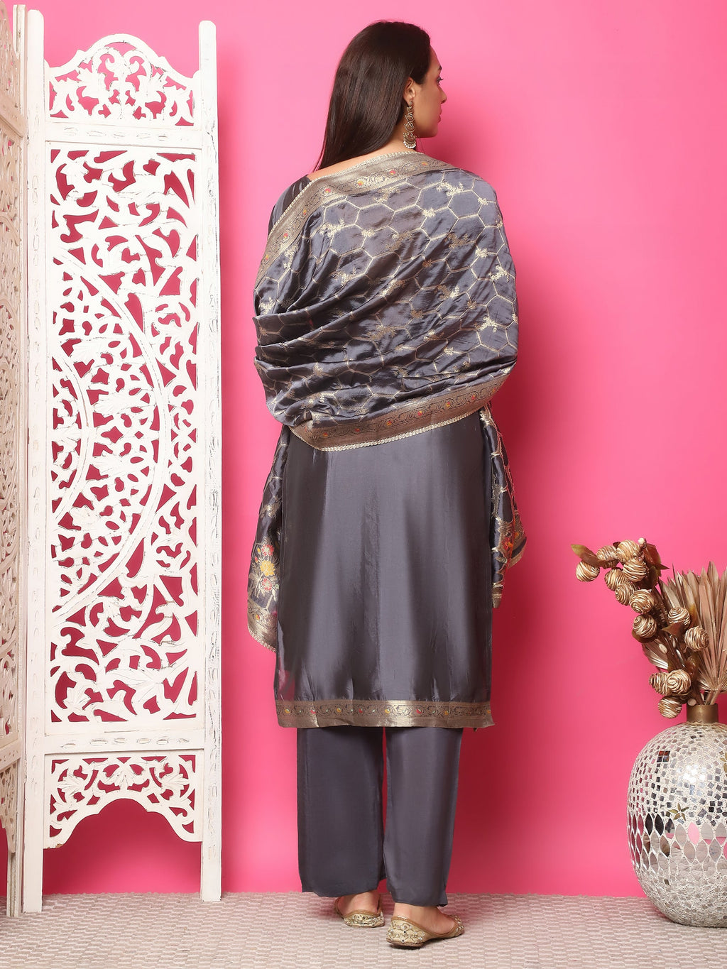 Jyoti Fashion Women's Grey Silk Jacquard Woven with Zari Work Salwar Suit Set | Grocsy