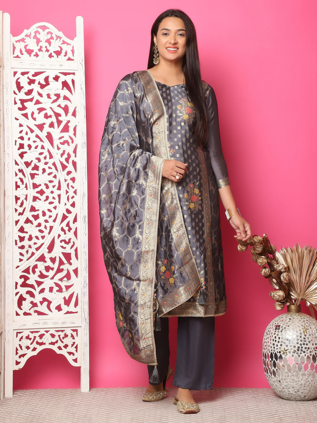 Jyoti Fashion Women's Grey Silk Jacquard Woven with Zari Work Salwar Suit Set | Grocsy