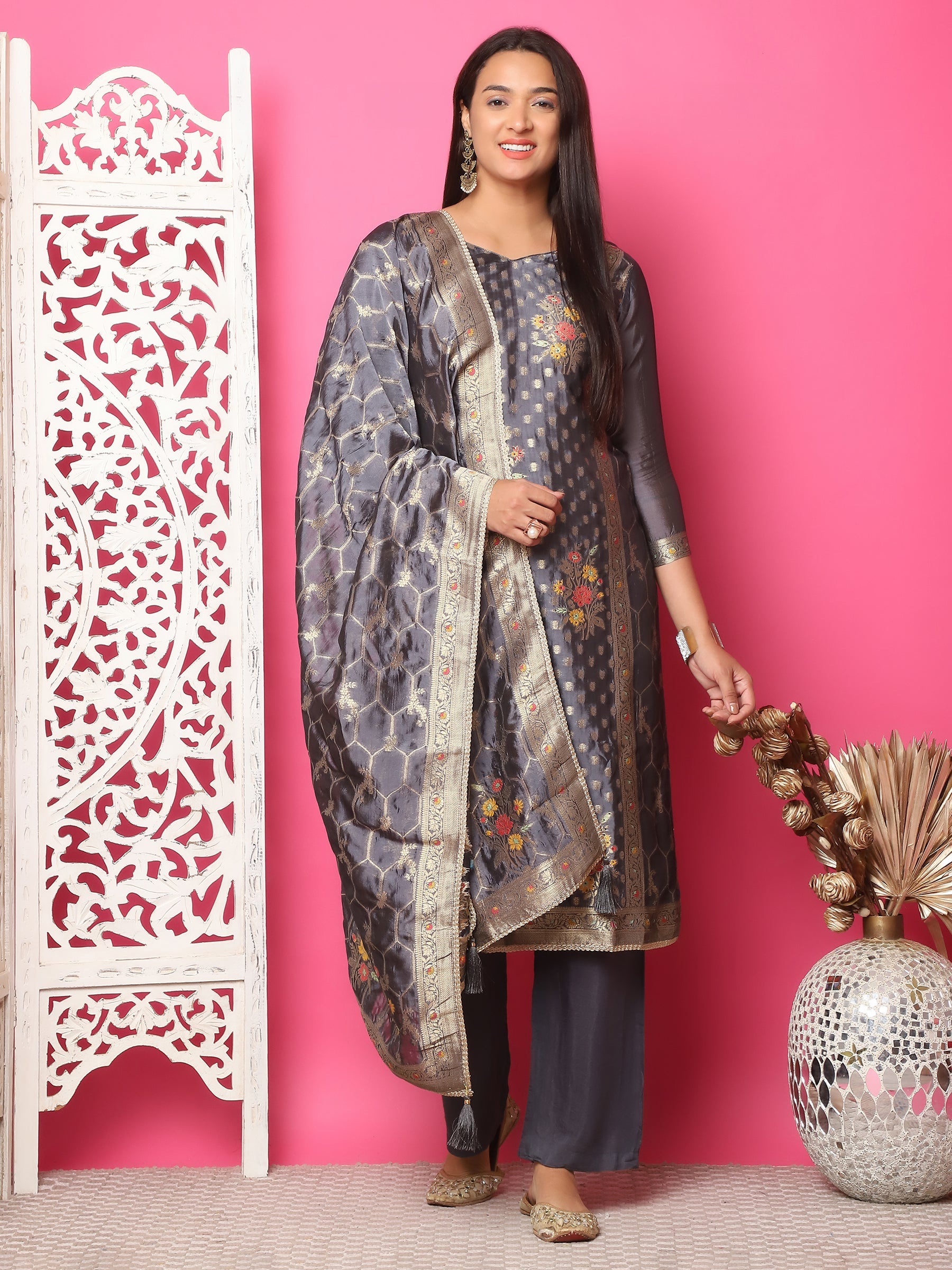Jyoti Fashion Women's Grey Silk Jacquard Woven with Zari Work Salwar Suit Set | Grocsy