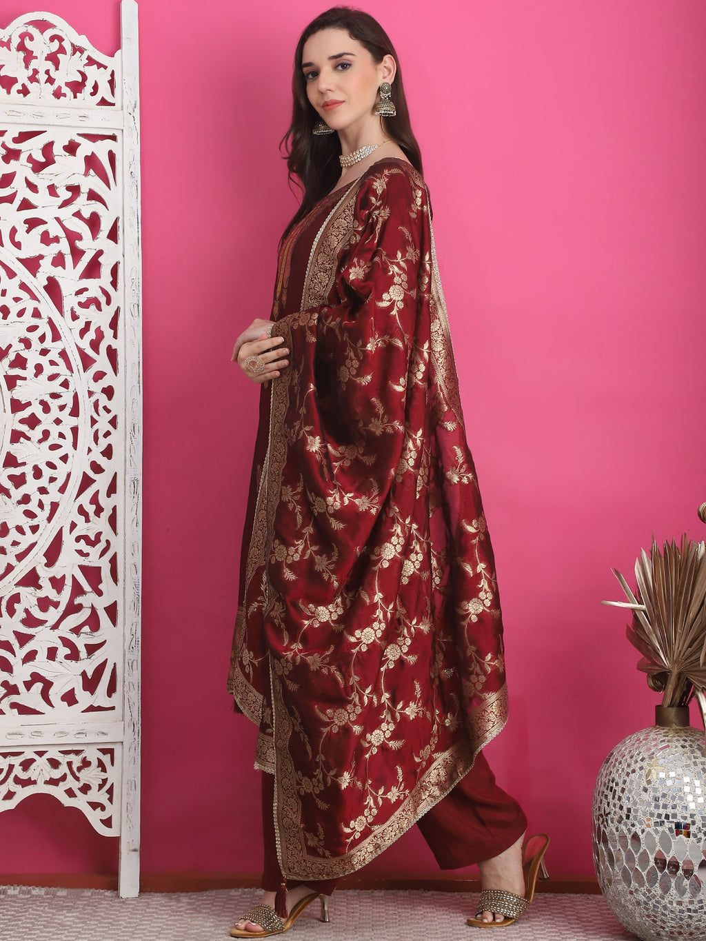 Jyoti Fashion Women's Maroon Silk Jacquard Woven with Zari Work Salwar Suit Set | Grocsy