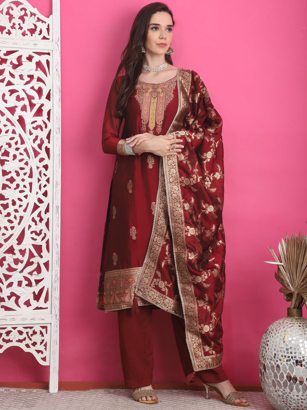 Jyoti Fashion Women's Maroon Silk Jacquard Woven with Zari Work Salwar Suit Set | Grocsy
