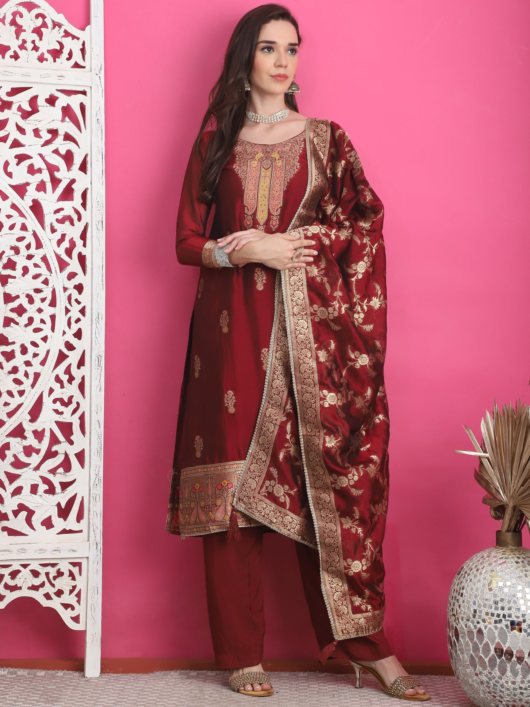 Jyoti Fashion Women's Maroon Silk Jacquard Woven with Zari Work Salwar Suit Set | Grocsy