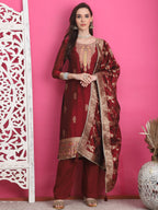 Jyoti Fashion Women's Maroon Silk Jacquard Woven with Zari Work Salwar Suit Set | Grocsy