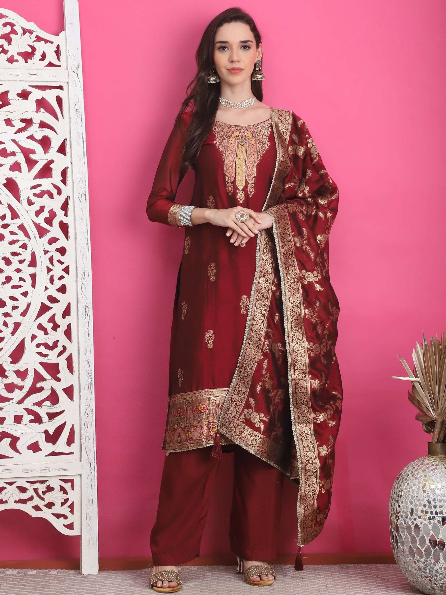 Jyoti Fashion Women's Maroon Silk Jacquard Woven with Zari Work Salwar Suit Set | Grocsy