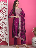 Jyoti Fashion Women's Wine Silk Jacquard Woven with Zari Work Salwar Suit Set | Grocsy