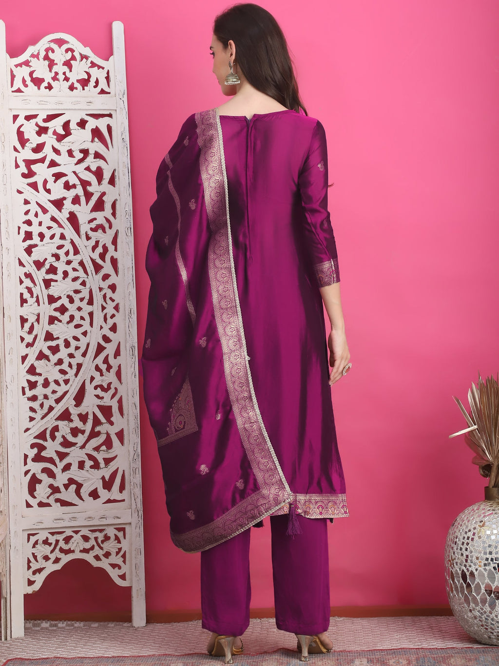 Jyoti Fashion Women's Wine Silk Jacquard Woven with Zari Work Salwar Suit Set | Grocsy