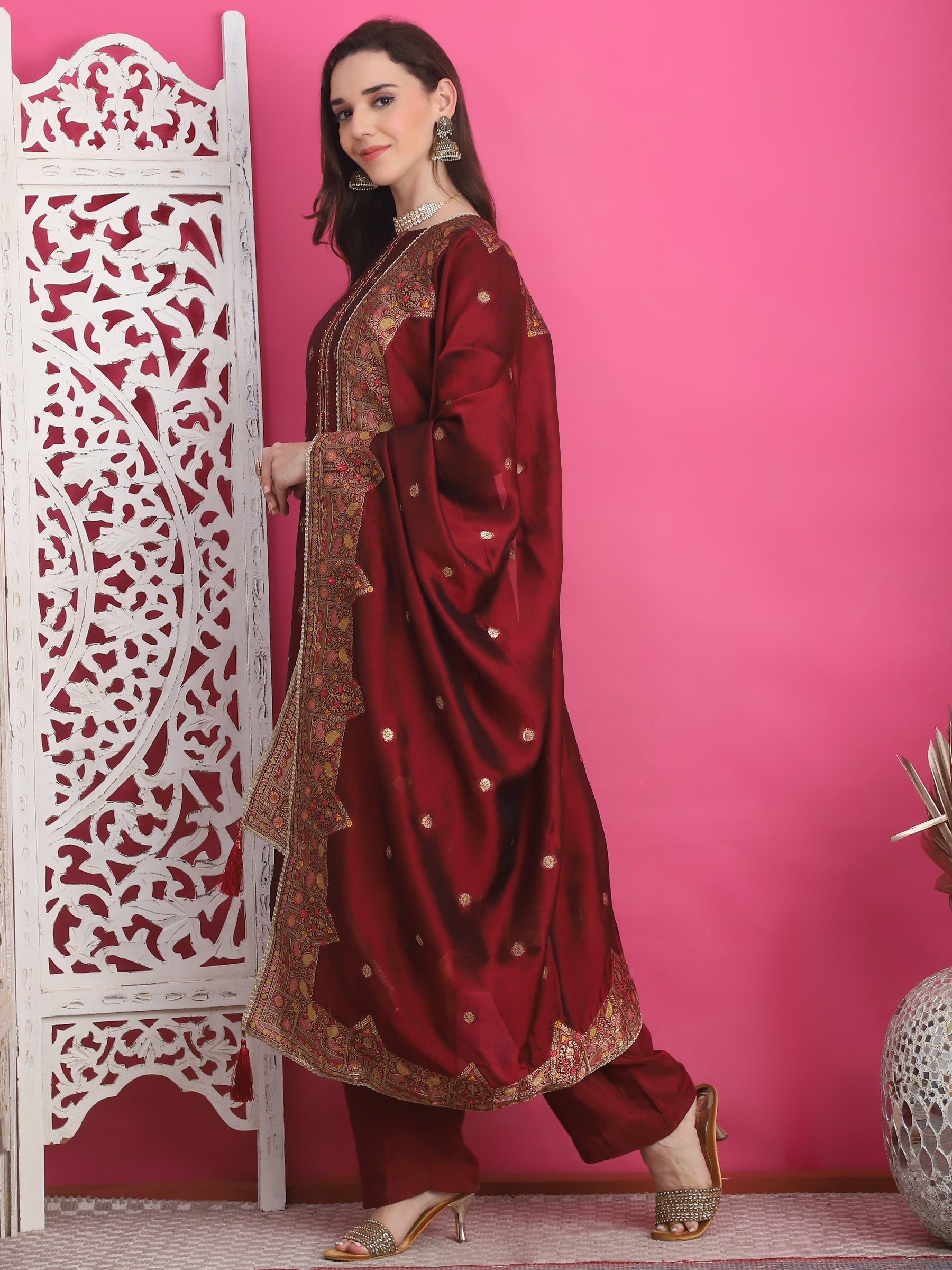 Jyoti Fashion Women's Maroon Silk Jacquard Woven with Zari Work Salwar Suit Set | Grocsy
