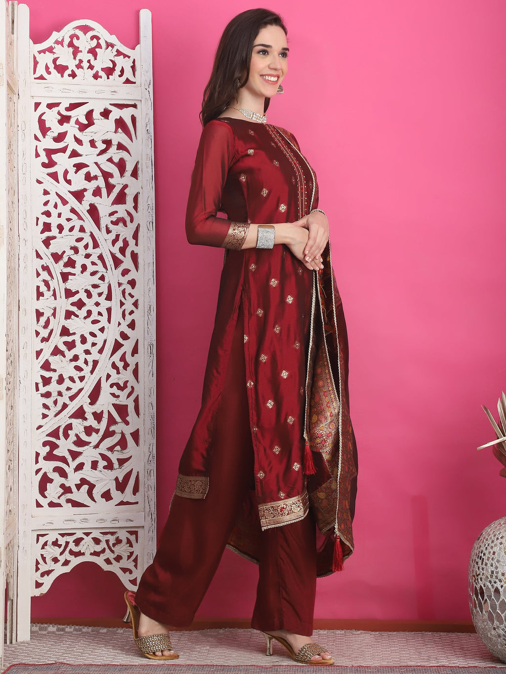 Jyoti Fashion Women's Maroon Silk Jacquard Woven with Zari Work Salwar Suit Set | Grocsy