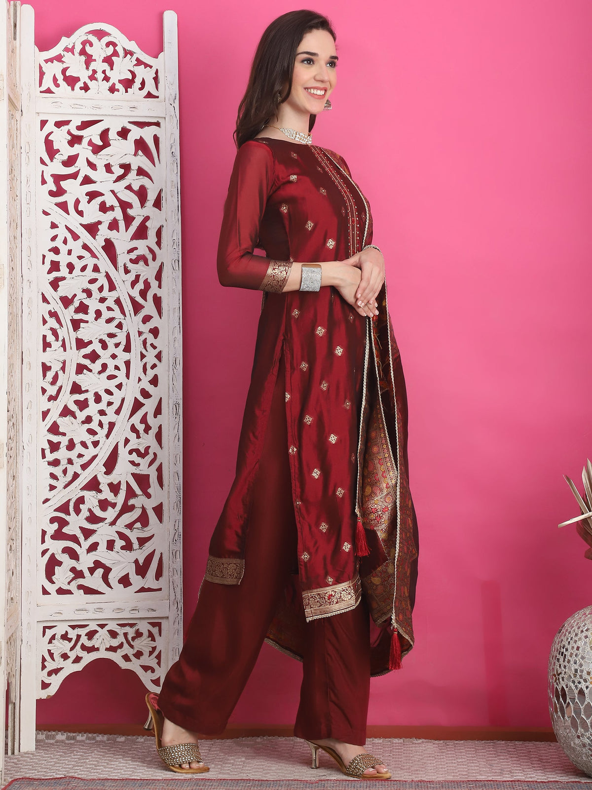 Jyoti Fashion Women's Maroon Silk Jacquard Woven with Zari Work Salwar Suit Set | Grocsy
