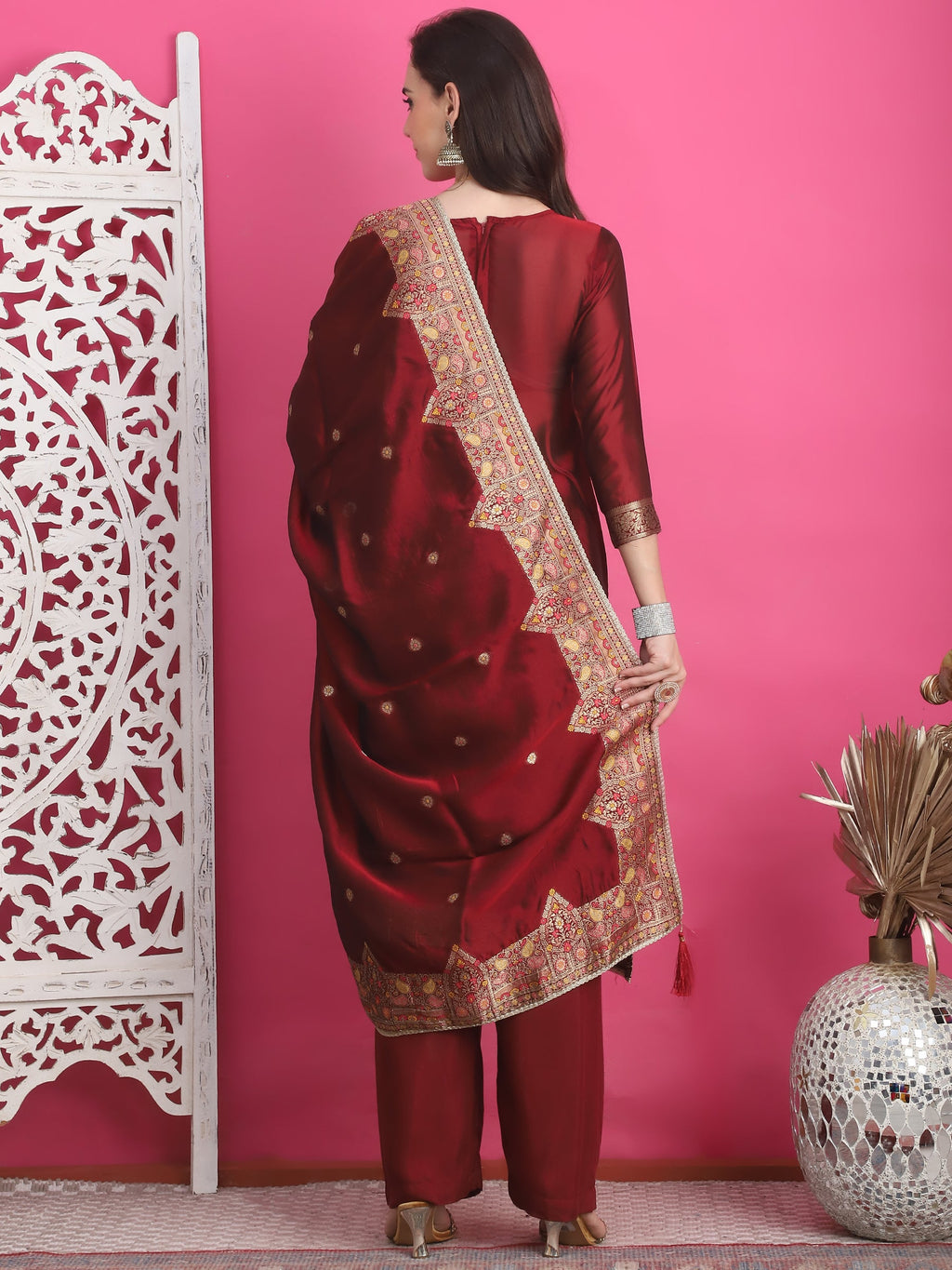 Jyoti Fashion Women's Maroon Silk Jacquard Woven with Zari Work Salwar Suit Set | Grocsy
