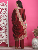 Jyoti Fashion Women's Maroon Silk Jacquard Woven with Zari Work Salwar Suit Set | Grocsy