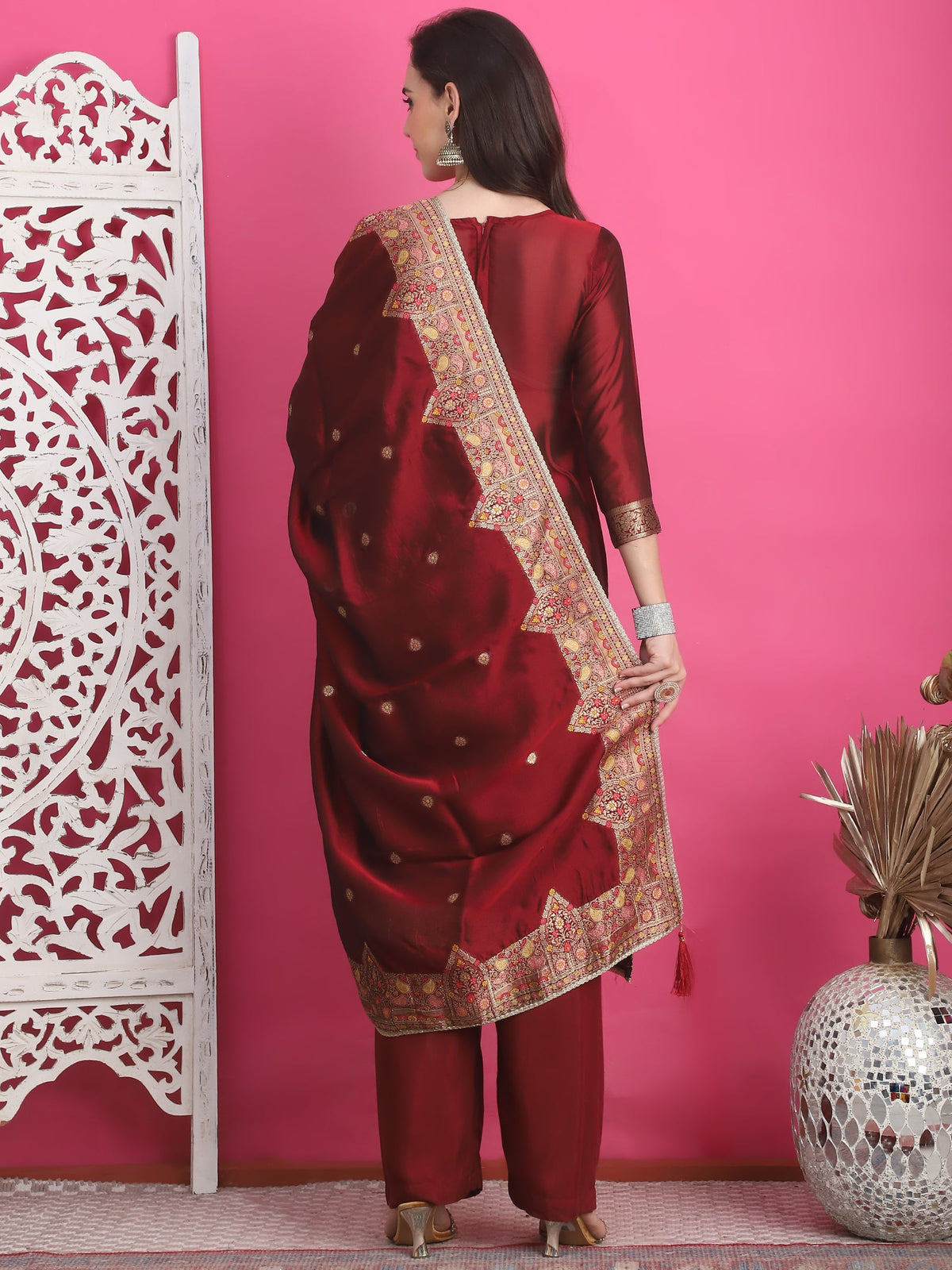 Jyoti Fashion Women's Maroon Silk Jacquard Woven with Zari Work Salwar Suit Set | Grocsy
