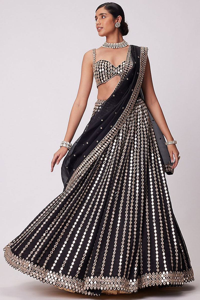 Jyoti Fashion Women's Black Organza Silk Paper Mirror with Zari Embroidered Lehenga Choli with Dupatta | Grocsy