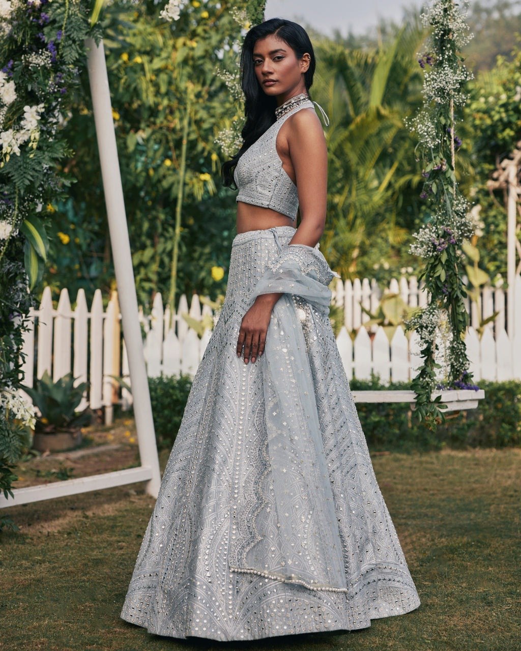 Jyoti Fashion Women's Steel Grey Heavy Banglori Silk Paper Mirror with Zari Thread & 3MM Sequins Embroidered Lehenga Choli with Dupatta | Grocsy
