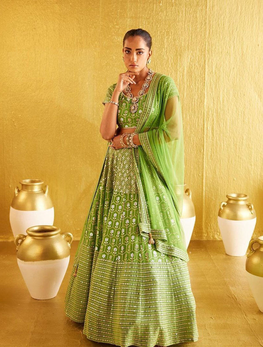 Jyoti Fashion Women's Parrot Green Banglory Silk 9MM Sequins with Zari Embroidered Lehenga Choli with Dupatta | Grocsy