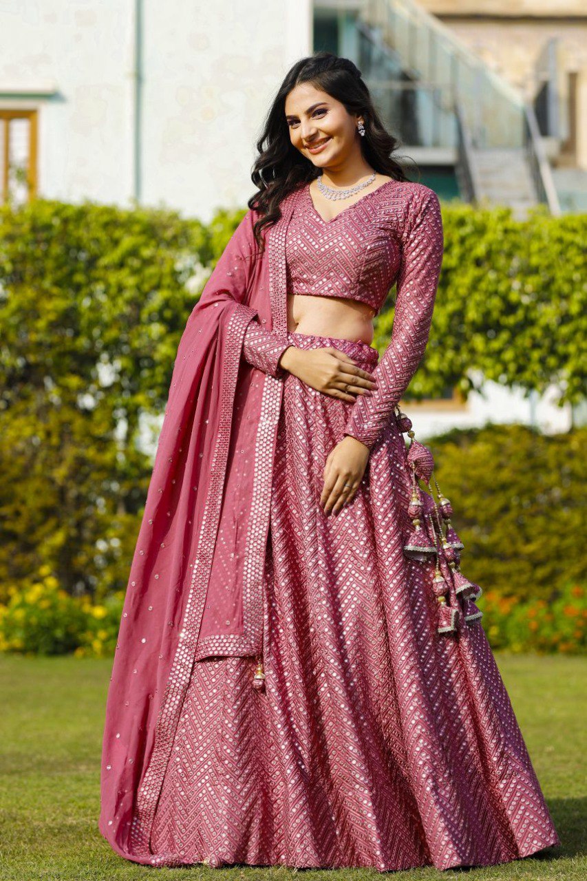 Jyoti Fashion Women's Metallic Pink Faux Georgette 9MM Sequins with Thread Embroidered Lehenga Choli with Dupatta | Grocsy