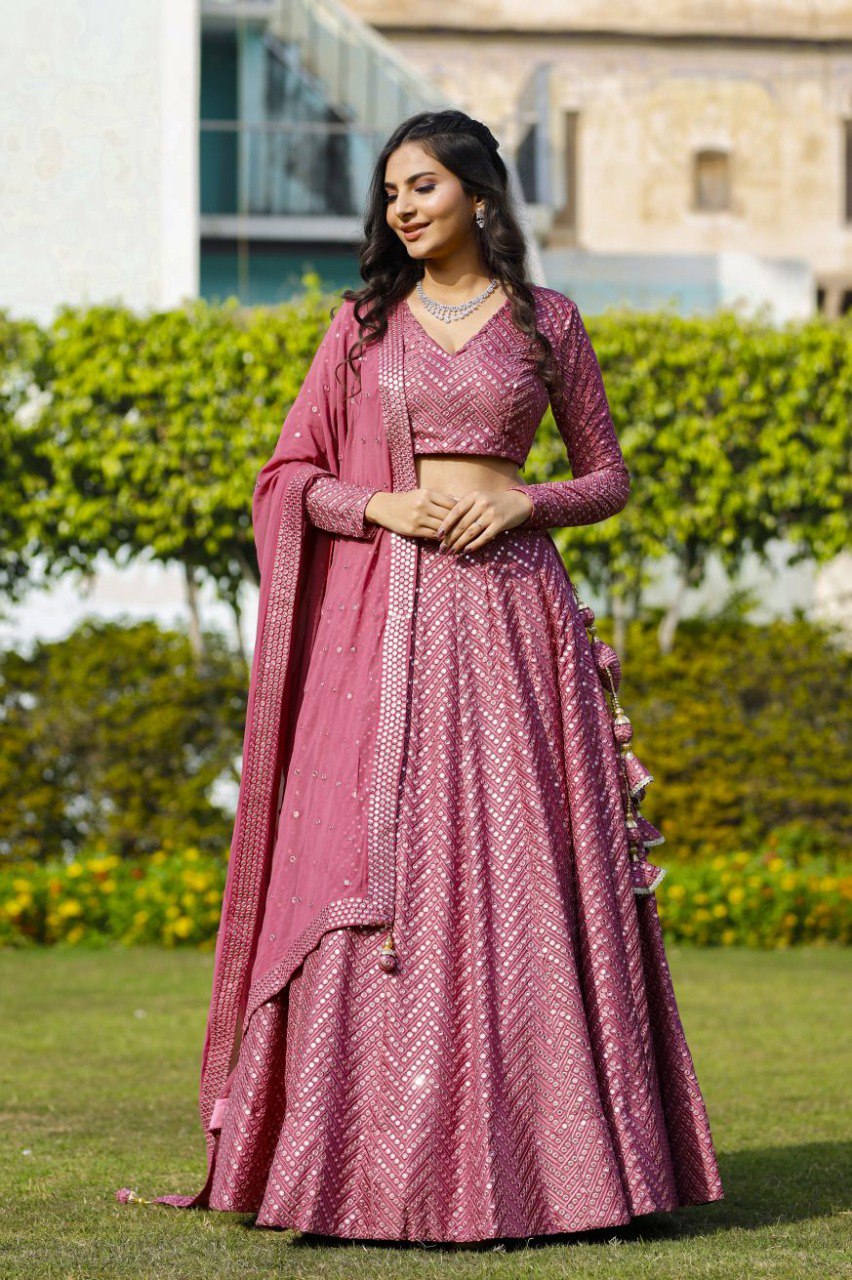Jyoti Fashion Women's Metallic Pink Faux Georgette 9MM Sequins with Thread Embroidered Lehenga Choli with Dupatta | Grocsy