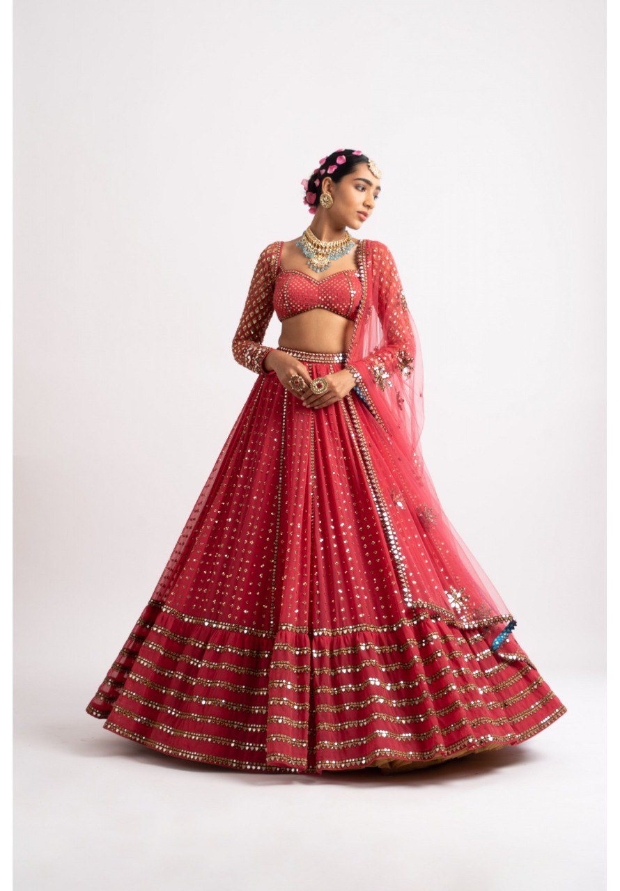Jyoti Fashion Women's Gajri Red Faux Georgette 3MM, 5MM & 9MM Sequins with Zari Embroidered Lehenga Choli with Dupatta | Grocsy