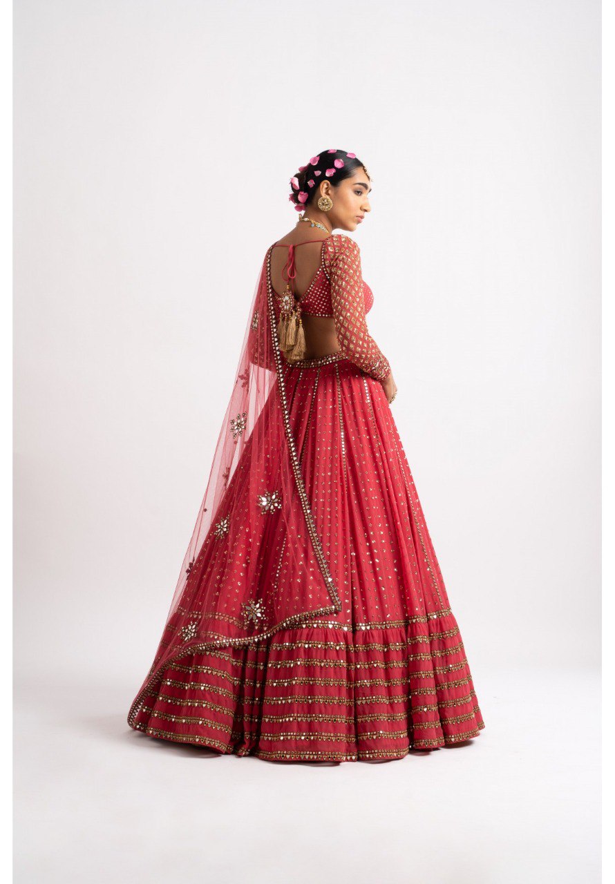 Jyoti Fashion Women's Gajri Red Faux Georgette 3MM, 5MM & 9MM Sequins with Zari Embroidered Lehenga Choli with Dupatta | Grocsy