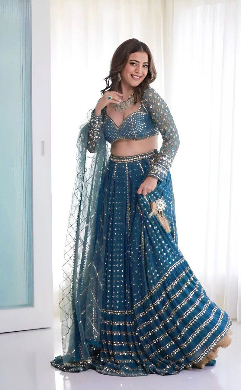 Jyoti Fashion Women's Blue Faux Georgette 3MM, 5MM & 9MM Sequins with Zari Embroidered Lehenga Choli with Dupatta | Grocsy