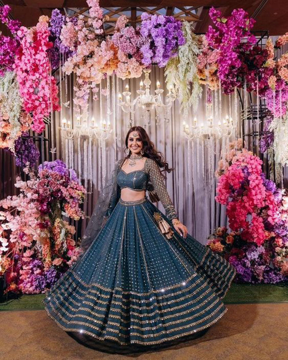 Jyoti Fashion Women's Blue Faux Georgette 3MM, 5MM & 9MM Sequins with Zari Embroidered Lehenga Choli with Dupatta | Grocsy