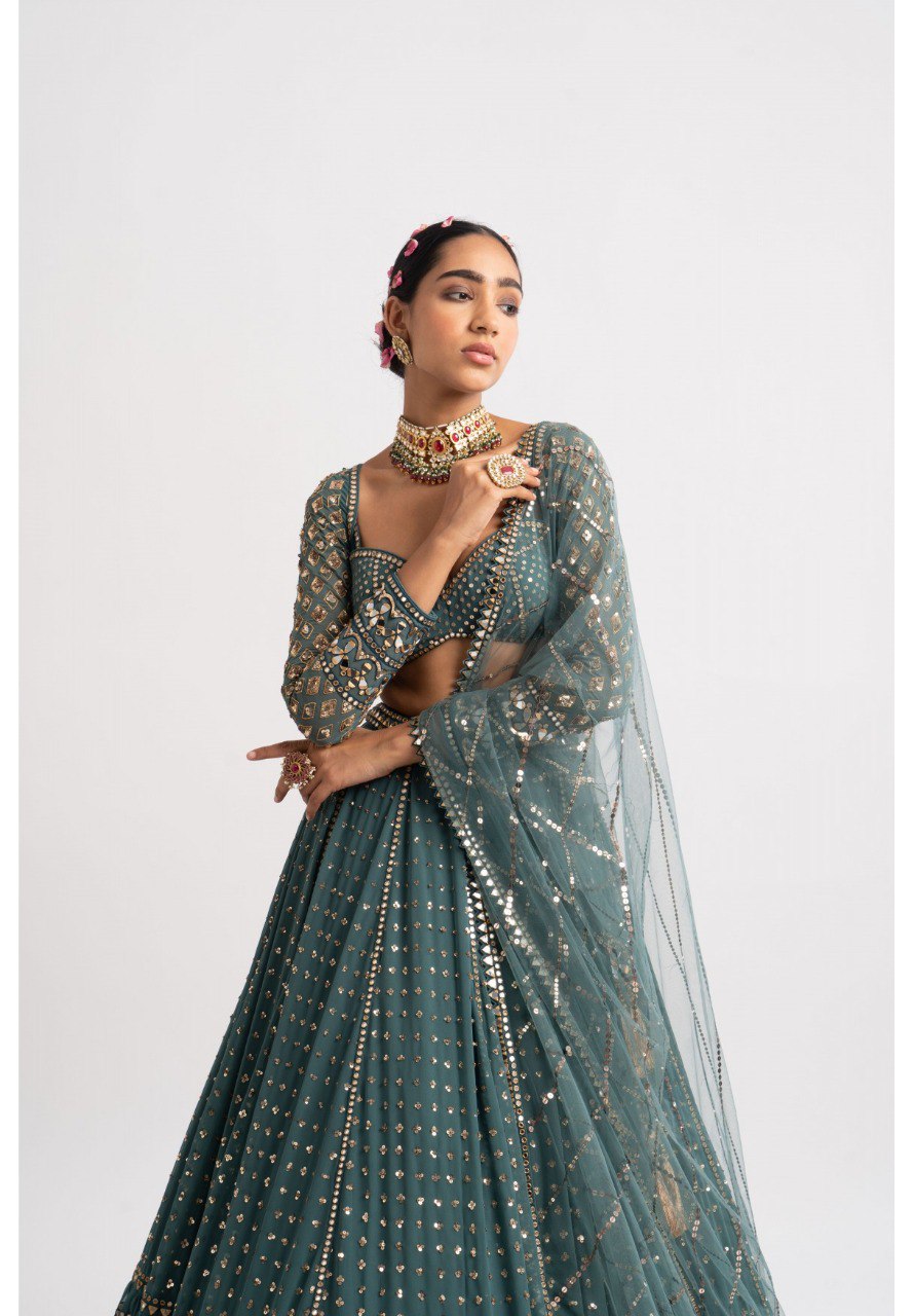 Jyoti Fashion Women's Dark Green Faux Georgette 3MM, 5MM & 9MM Sequins with Zari Embroidered Lehenga Choli with Dupatta | Grocsy