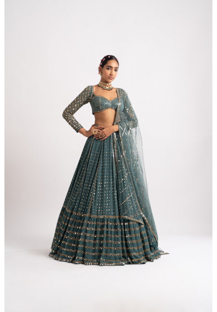Jyoti Fashion Women's Dark Green Faux Georgette 3MM, 5MM & 9MM Sequins with Zari Embroidered Lehenga Choli with Dupatta | Grocsy