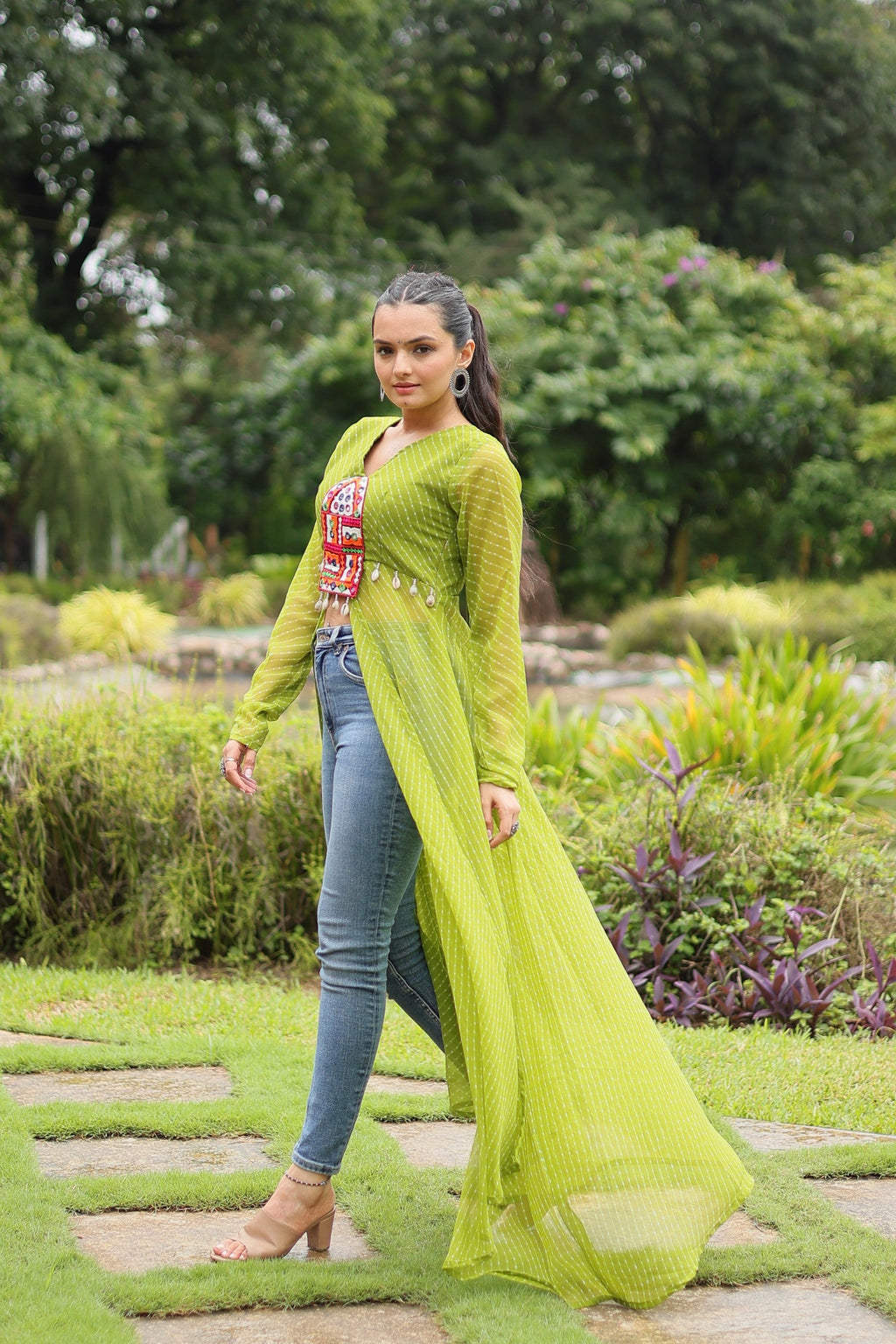 Jyoti Fashion Women's Green Faux Georgette Leheriya Print with Kutchi Patchwork Ethnic Kurta | Grocsy