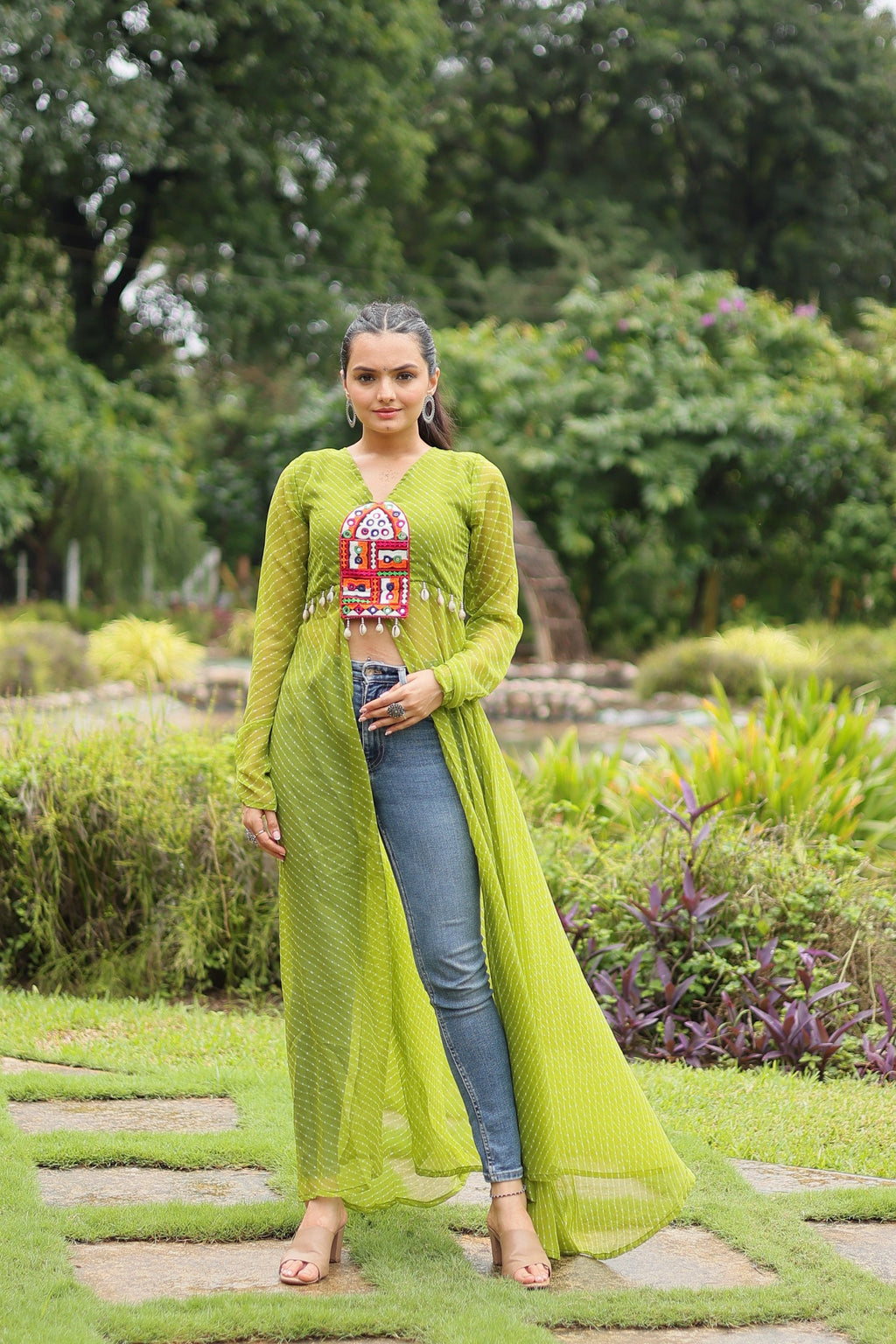 Jyoti Fashion Women's Green Faux Georgette Leheriya Print with Kutchi Patchwork Ethnic Kurta | Grocsy