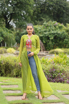 Jyoti Fashion Women's Green Faux Georgette Leheriya Print with Kutchi Patchwork Ethnic Kurta | Grocsy