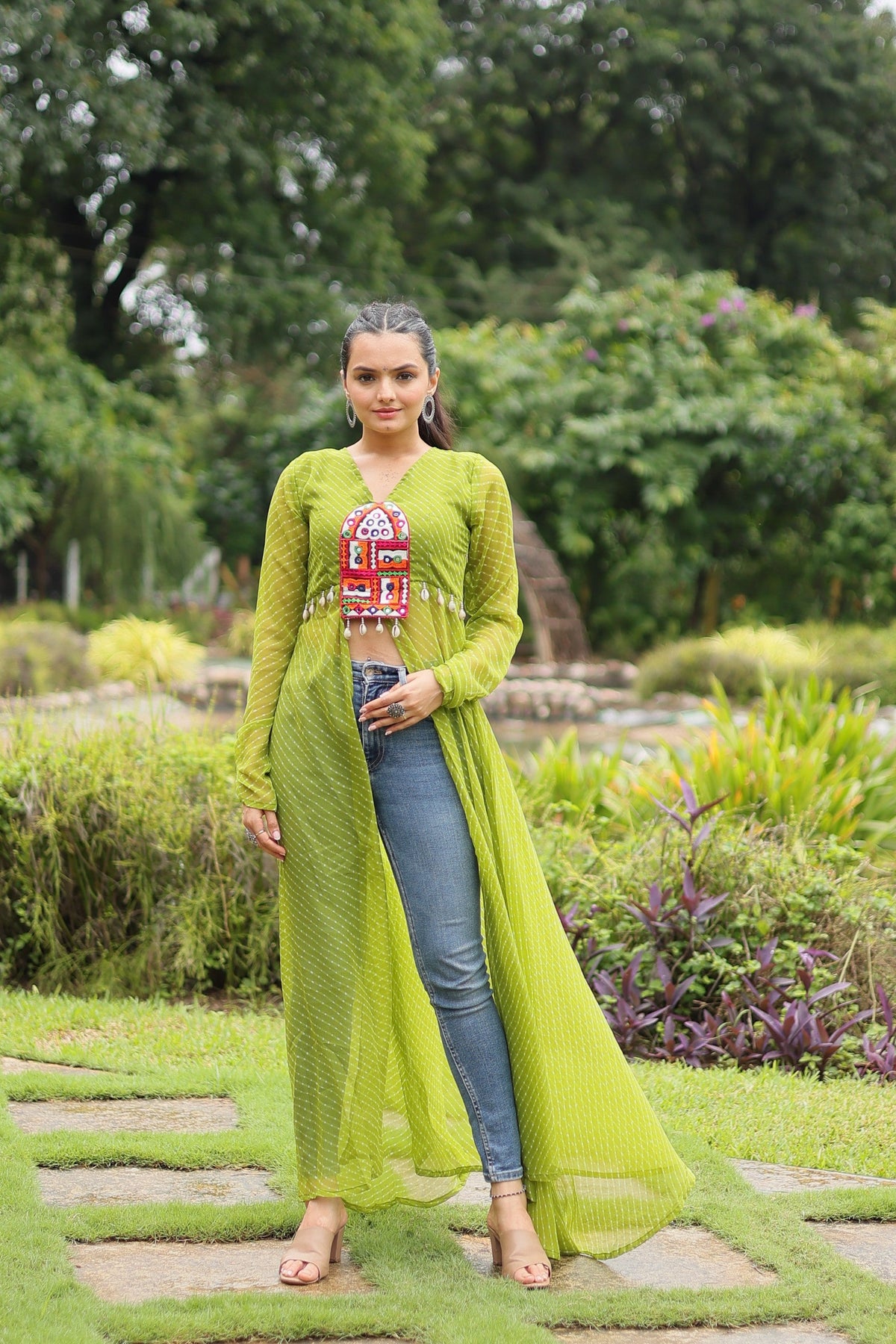 Jyoti Fashion Women's Green Faux Georgette Leheriya Print with Kutchi Patchwork Ethnic Kurta | Grocsy