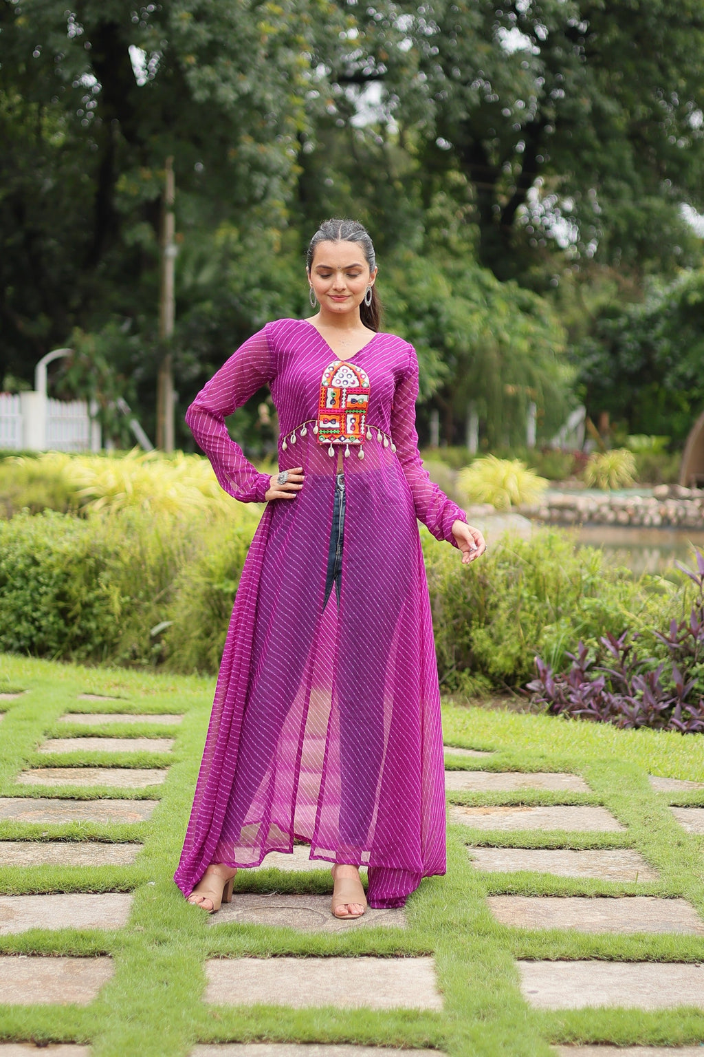 Jyoti Fashion Women's Purple Faux Georgette Leheriya Print with Kutchi Patchwork Ethnic Kurta | Grocsy