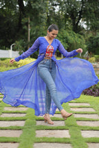 Jyoti Fashion Women's Blue Faux Georgette Leheriya Print with Kutchi Patchwork Ethnic Kurta | Grocsy