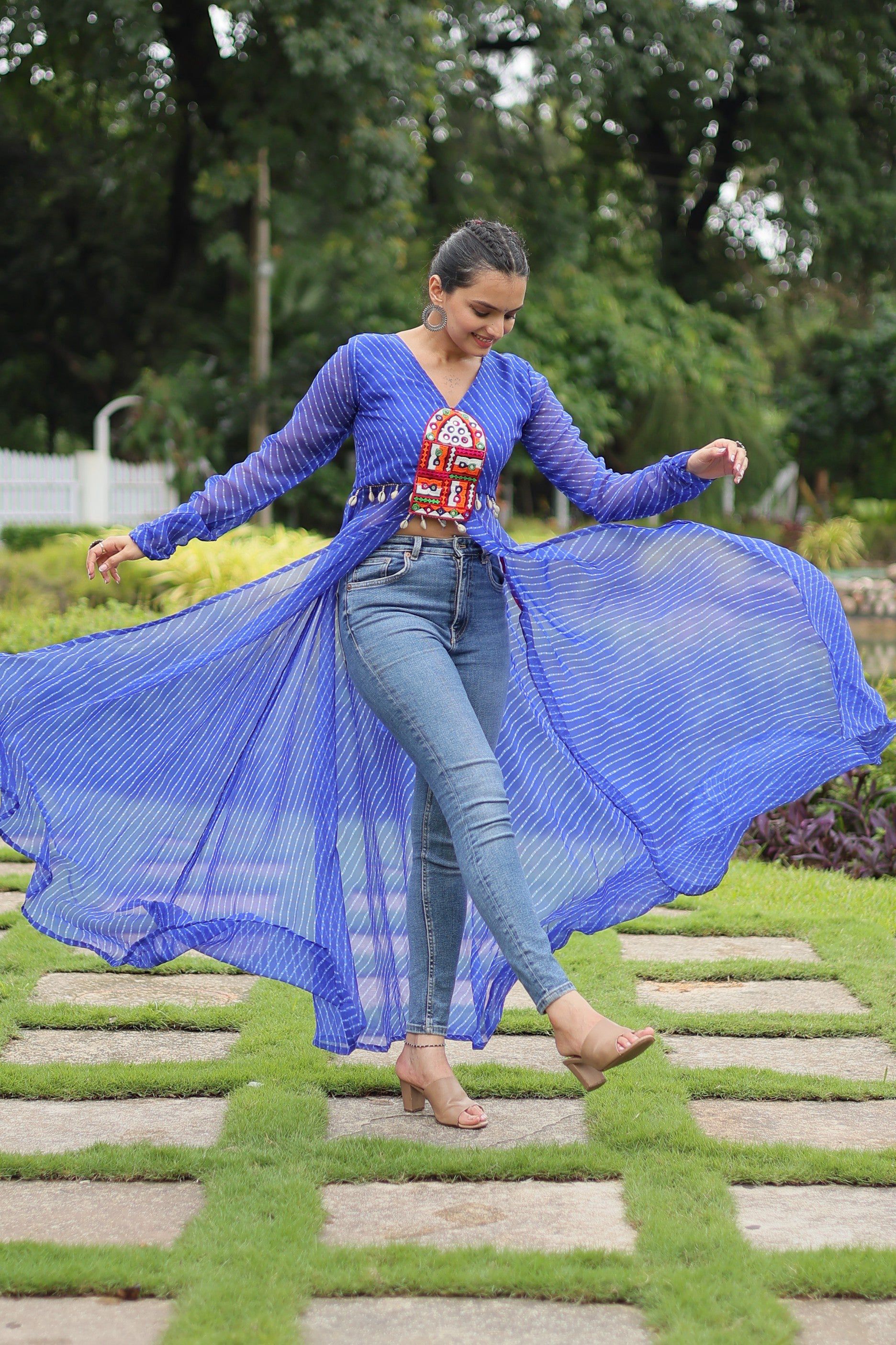 Jyoti Fashion Women's Blue Faux Georgette Leheriya Print with Kutchi Patchwork Ethnic Kurta | Grocsy