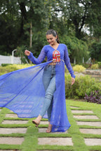 Jyoti Fashion Women's Blue Faux Georgette Leheriya Print with Kutchi Patchwork Ethnic Kurta | Grocsy