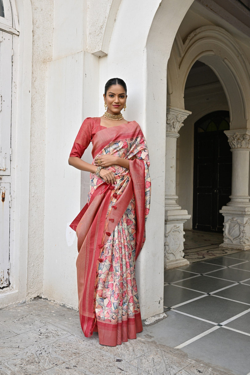 Jyoti Fashion Women's Peach Tussar Silk Zari Woven Traditional Saree with Blouse | Grocsy