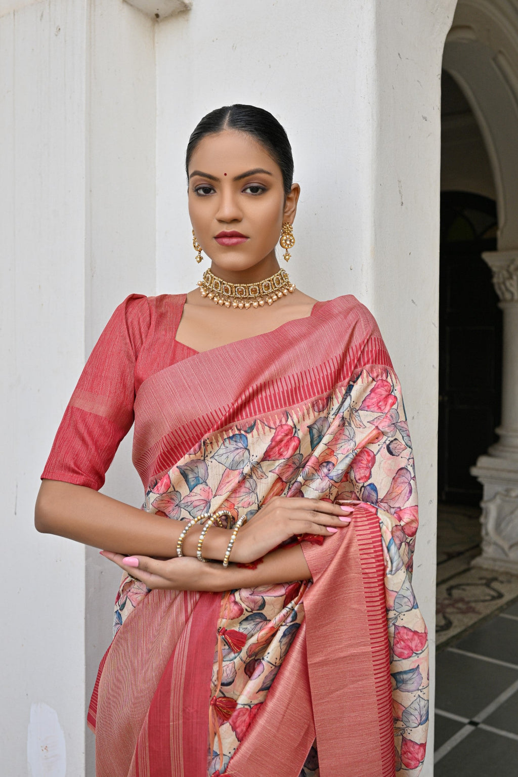 Jyoti Fashion Women's Peach Tussar Silk Zari Woven Traditional Saree with Blouse | Grocsy