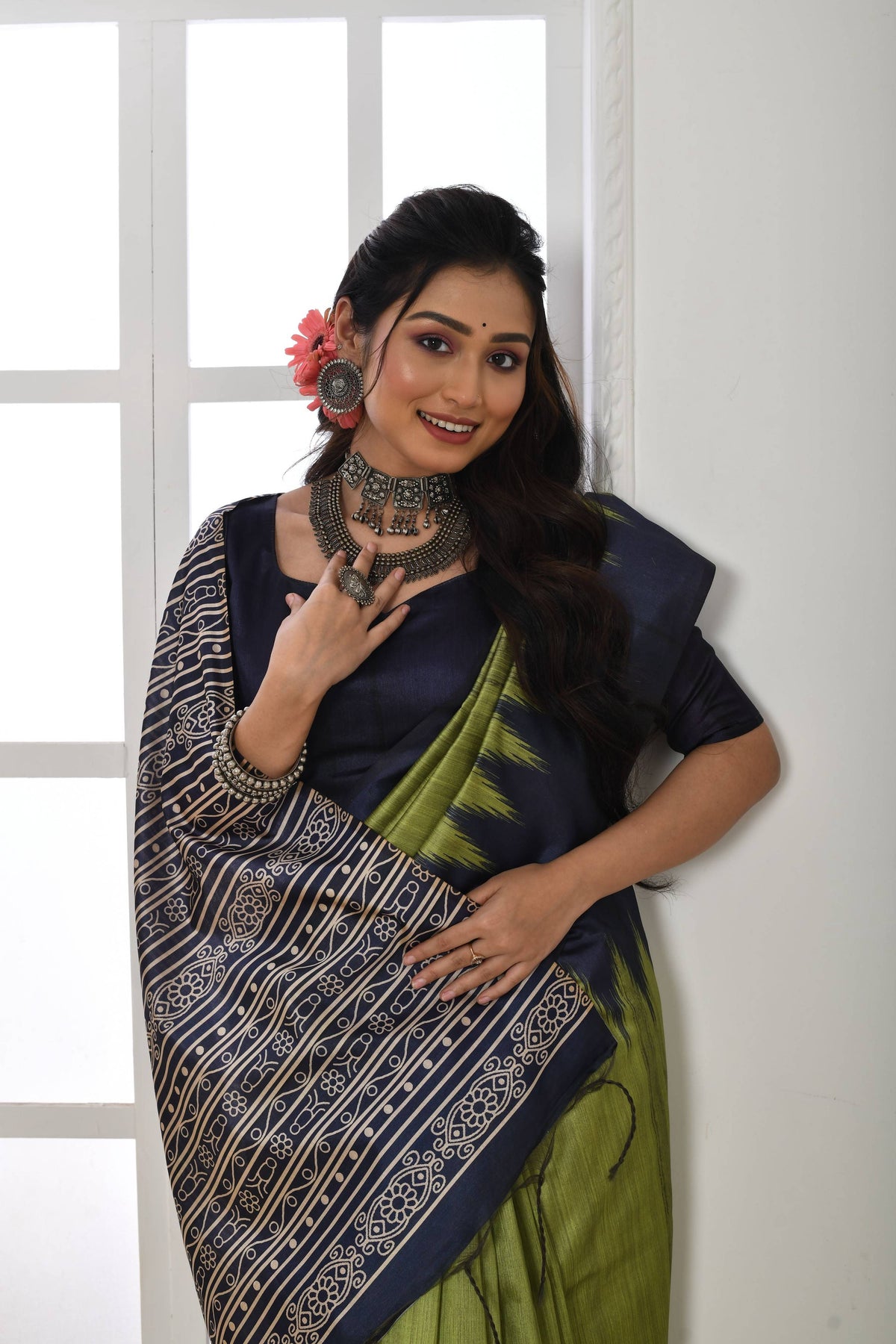 Jyoti Fashion Women's Mehendi Soft Tussar Silk Printed Temple Border Traditional Saree with Blouse | Grocsy