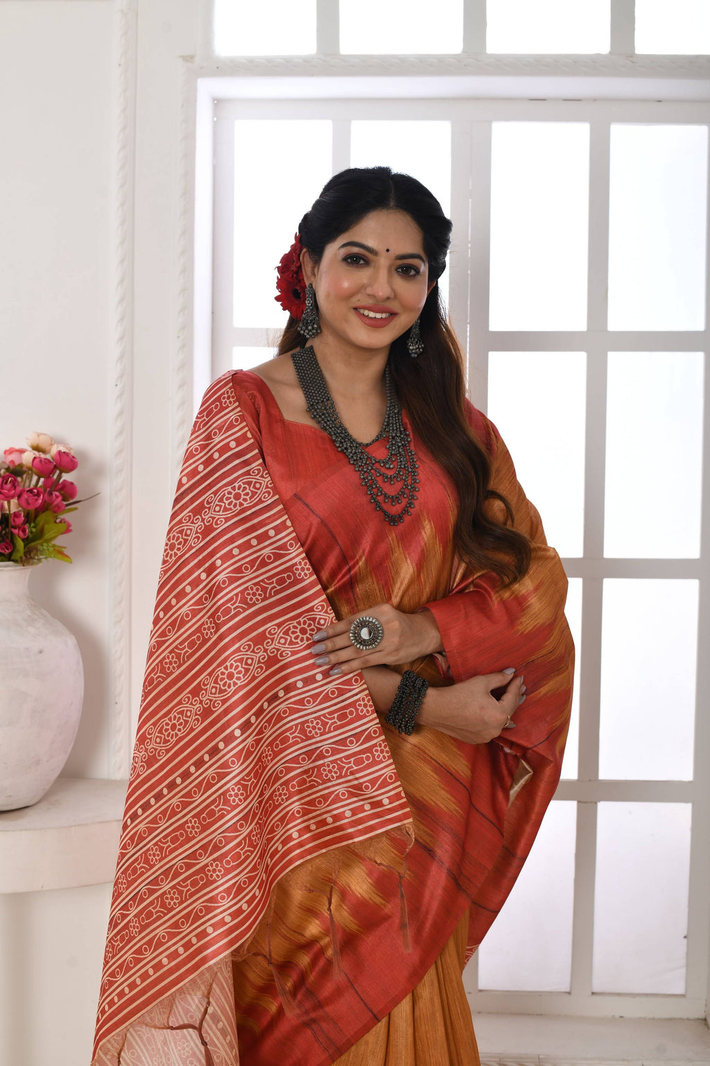 Jyoti Fashion Women's Mustard Soft Tussar Silk Printed Temple Border Traditional Saree with Blouse | Grocsy