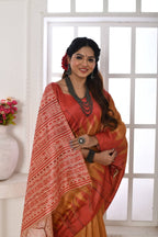 Jyoti Fashion Women's Mustard Soft Tussar Silk Printed Temple Border Traditional Saree with Blouse | Grocsy