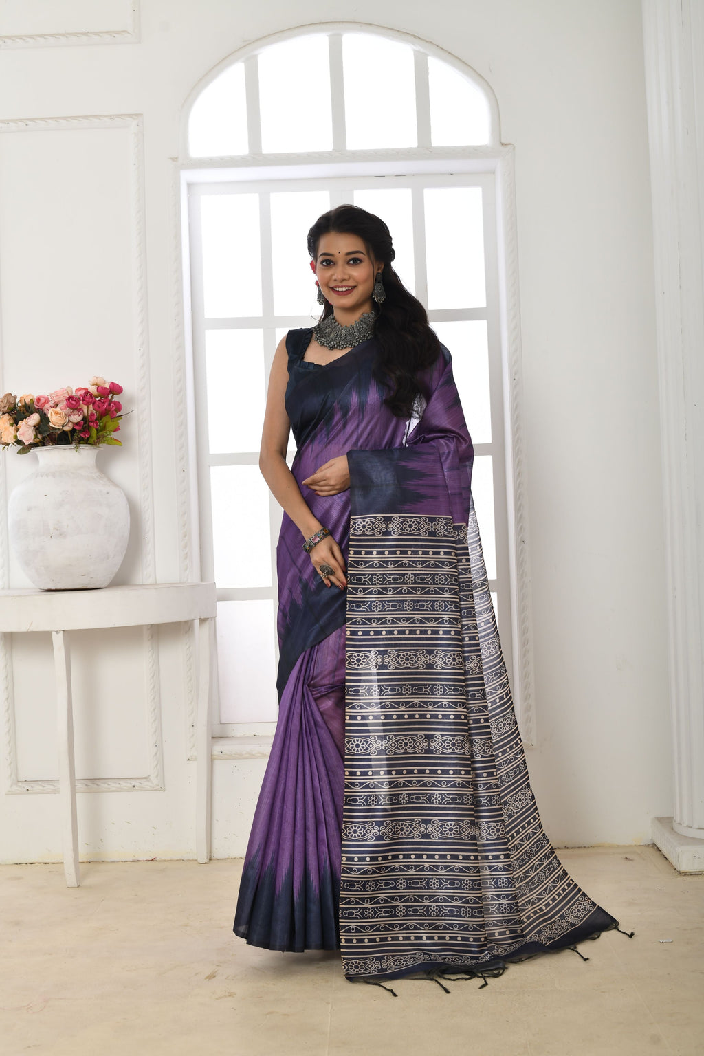 Jyoti Fashion Women's Purple Soft Tussar Silk Printed Temple Border Traditional Saree with Blouse | Grocsy