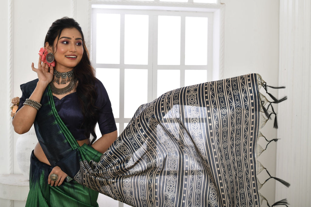 Jyoti Fashion Women's Green Soft Tussar Silk Printed Temple Border Traditional Saree with Blouse | Grocsy