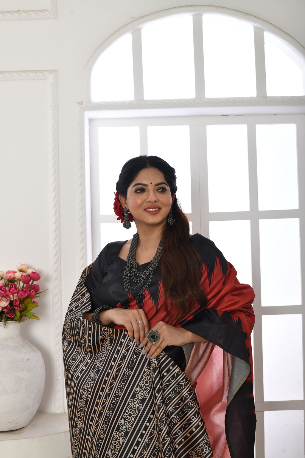 Jyoti Fashion Women's Red Soft Tussar Silk Printed Temple Border Traditional Saree with Blouse | Grocsy