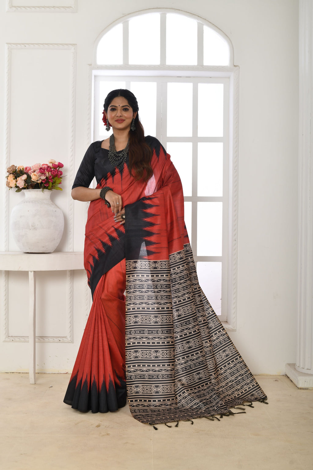 Jyoti Fashion Women's Red Soft Tussar Silk Printed Temple Border Traditional Saree with Blouse | Grocsy