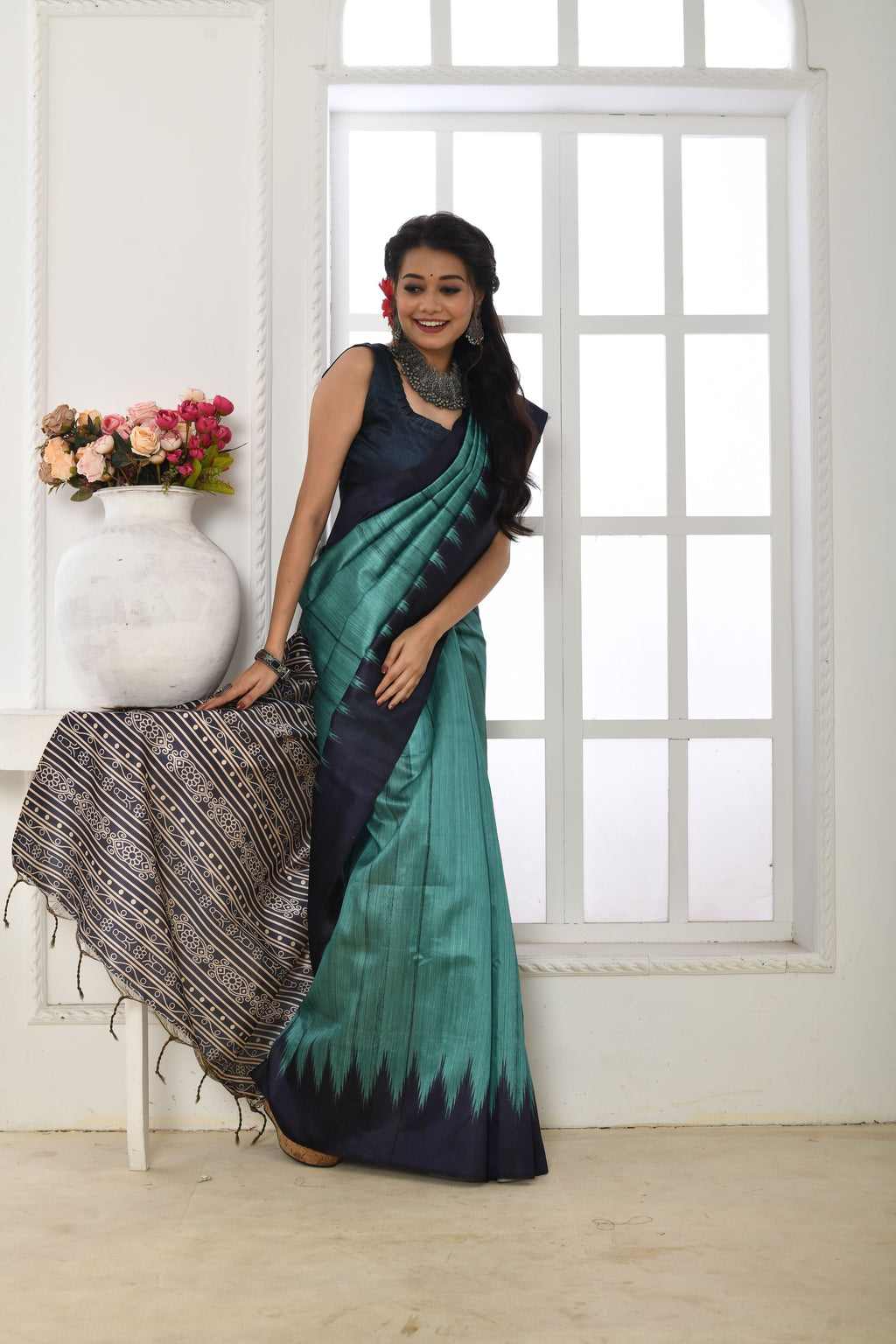 Jyoti Fashion Women's Firozi Soft Tussar Silk Printed Temple Border Traditional Saree with Blouse | Grocsy